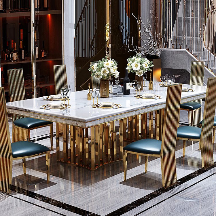 Golden luxury metal dining table set marble top italian dinner table set 6 chairs modern