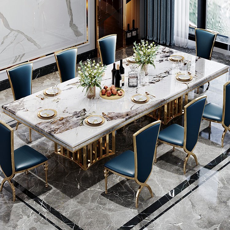 Golden luxury metal dining table set marble top italian dinner table set 6 chairs modern