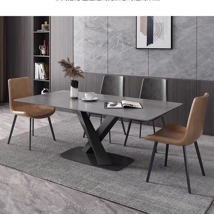 Modern Kitchen Living Room Dining Table Set with 6 Chairs Black Carbon Steel Frame Wooden Marble-like Rock Plate for Hotel Use