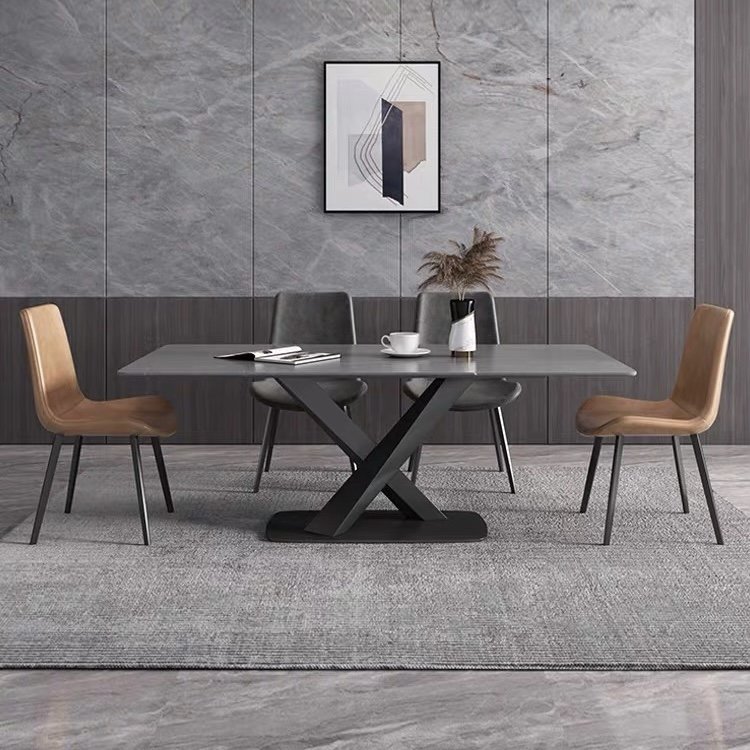 Modern Kitchen Living Room Dining Table Set with 6 Chairs Black Carbon Steel Frame Wooden Marble-like Rock Plate for Hotel Use