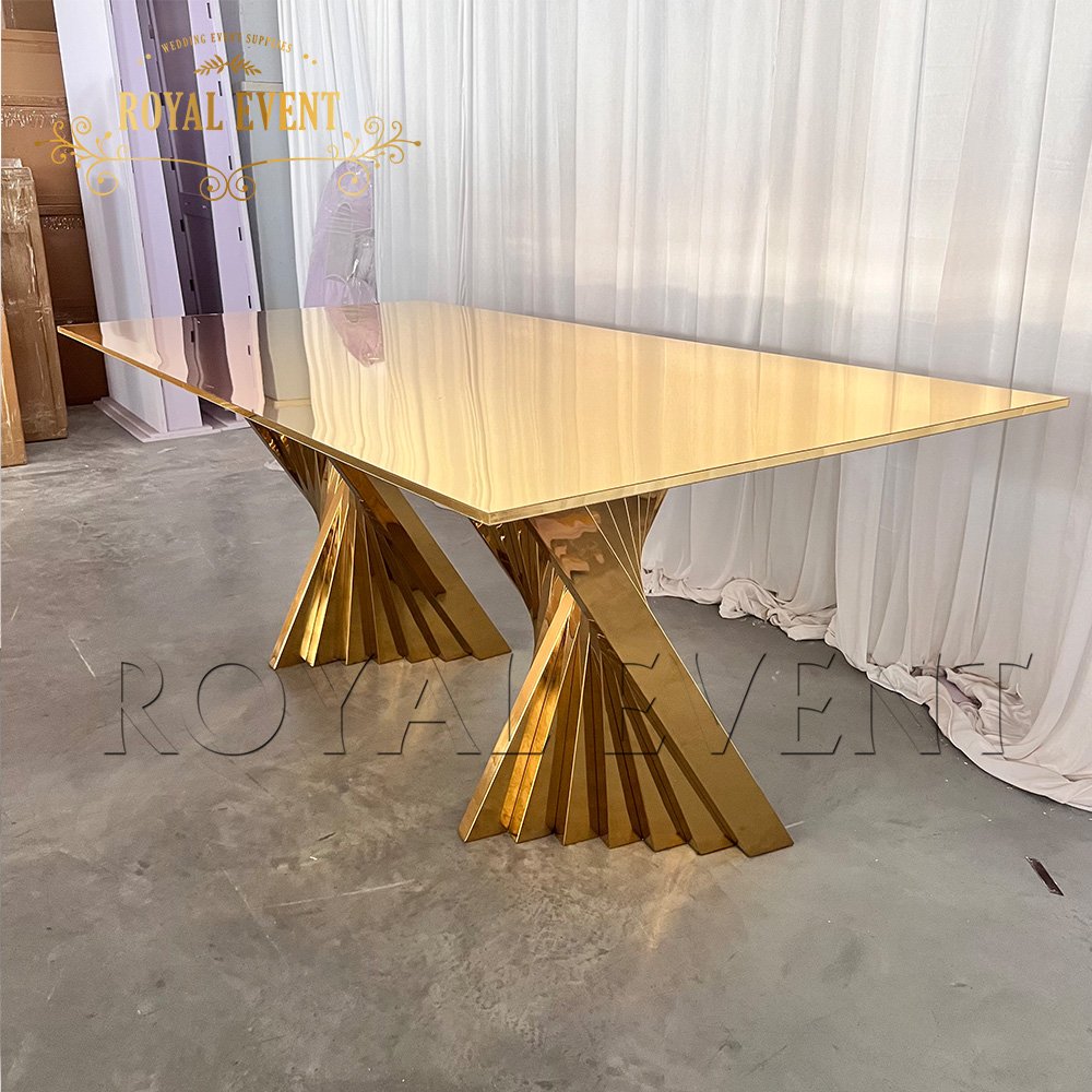 Wholesale rectangle Full Golden Stainless Steel Dining Table For Event Wedding Party Decoration