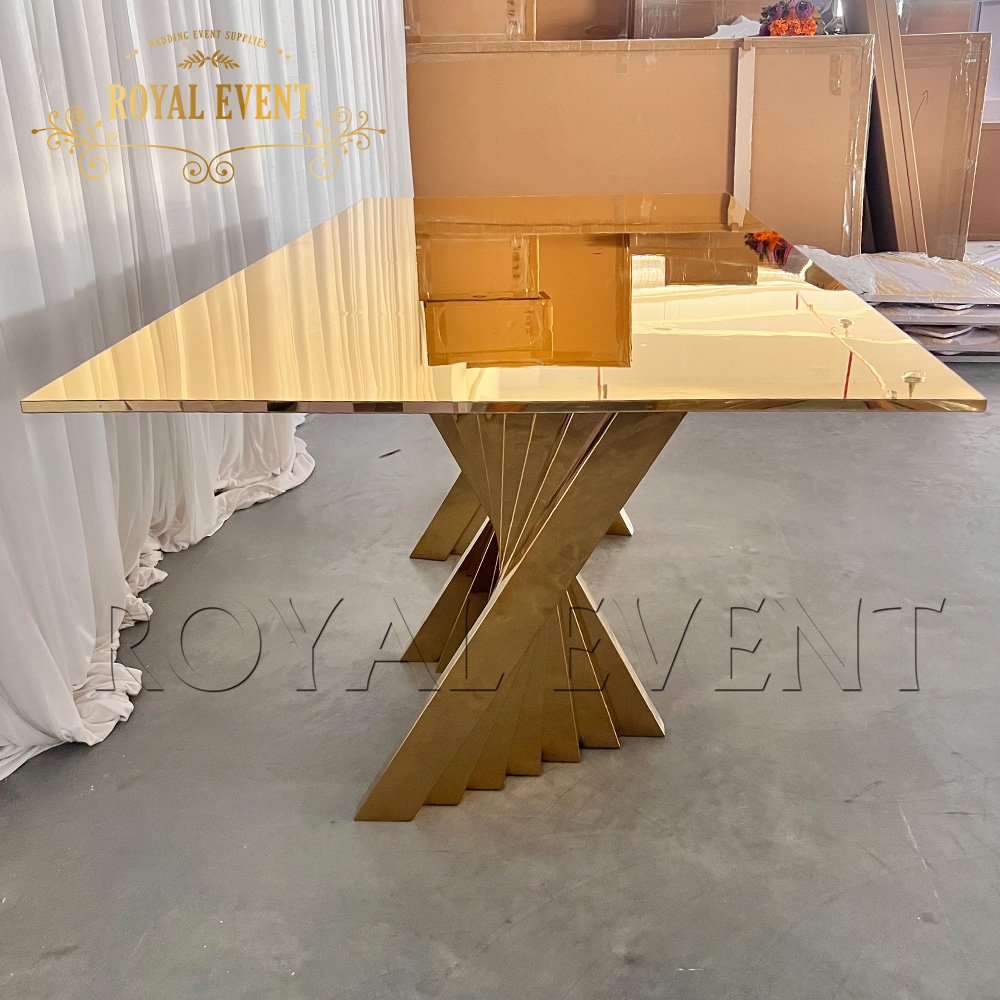 Wholesale rectangle Full Golden Stainless Steel Dining Table For Event Wedding Party Decoration