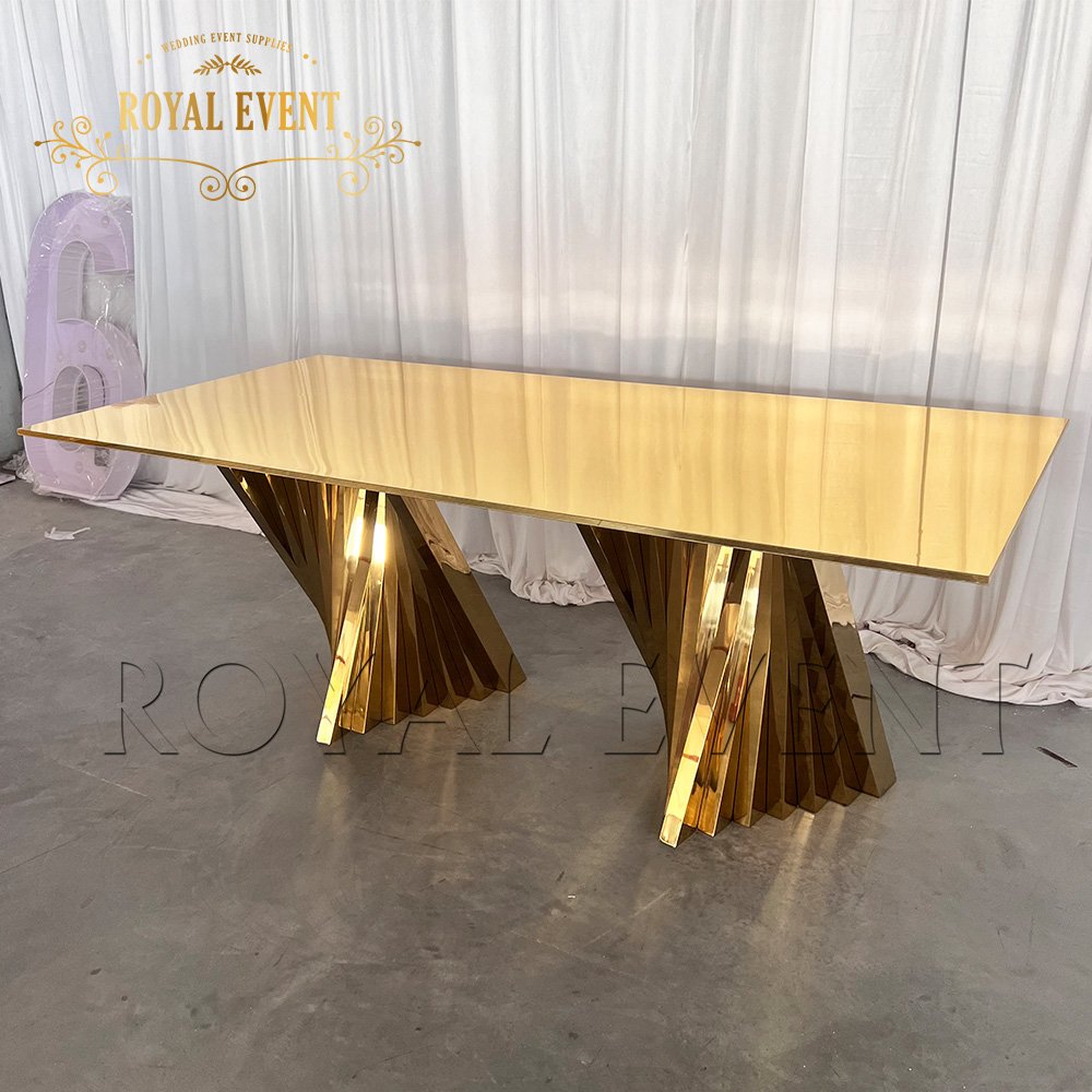 Wholesale rectangle Full Golden Stainless Steel Dining Table For Event Wedding Party Decoration