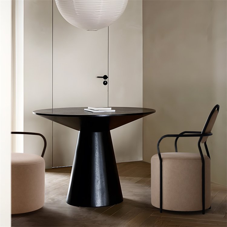 Wooden Minimal Dark Veneer Oak Walnut Round Dining Tables Solid Wood Circle Round Black Dining Table