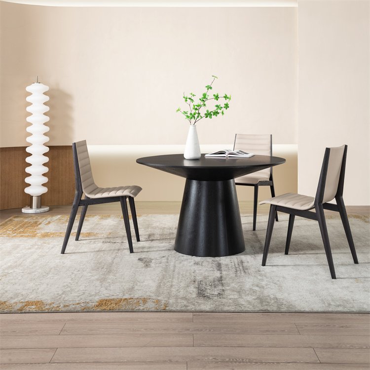 Wooden Minimal Dark Veneer Oak Walnut Round Dining Tables Solid Wood Circle Round Black Dining Table