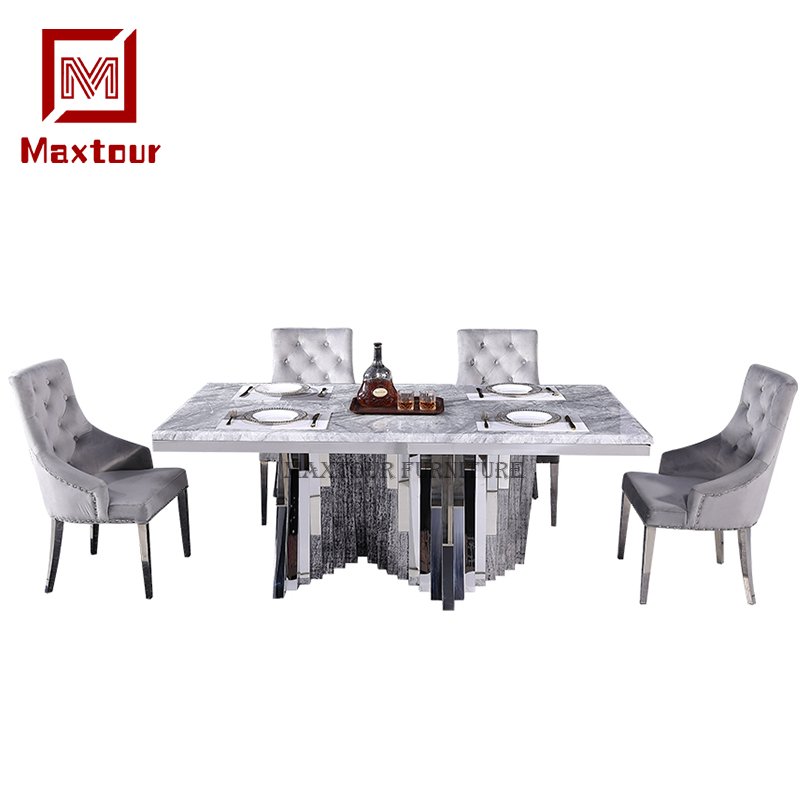 Silver Stainless Steel and Marble Top Dining Table Set Home Furniture Essential for Dining Tables Genre