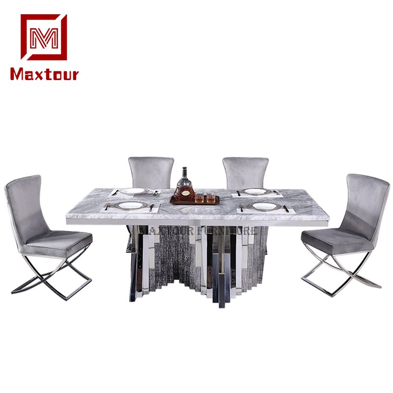 Silver Stainless Steel and Marble Top Dining Table Set Home Furniture Essential for Dining Tables Genre