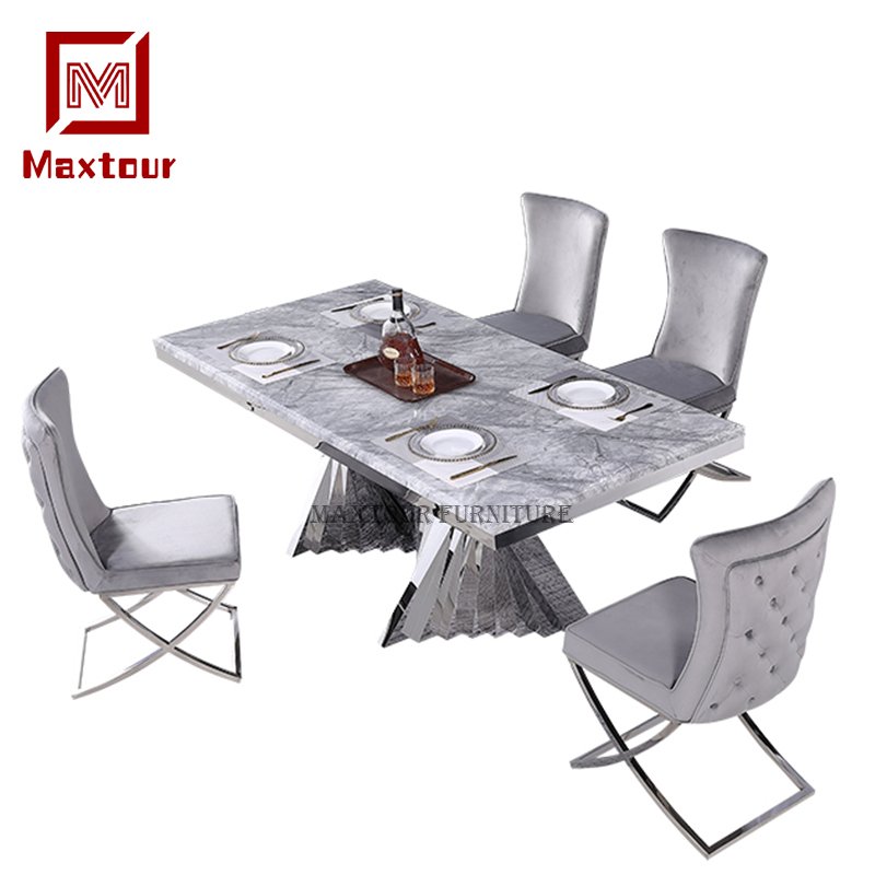 Silver Stainless Steel and Marble Top Dining Table Set Home Furniture Essential for Dining Tables Genre