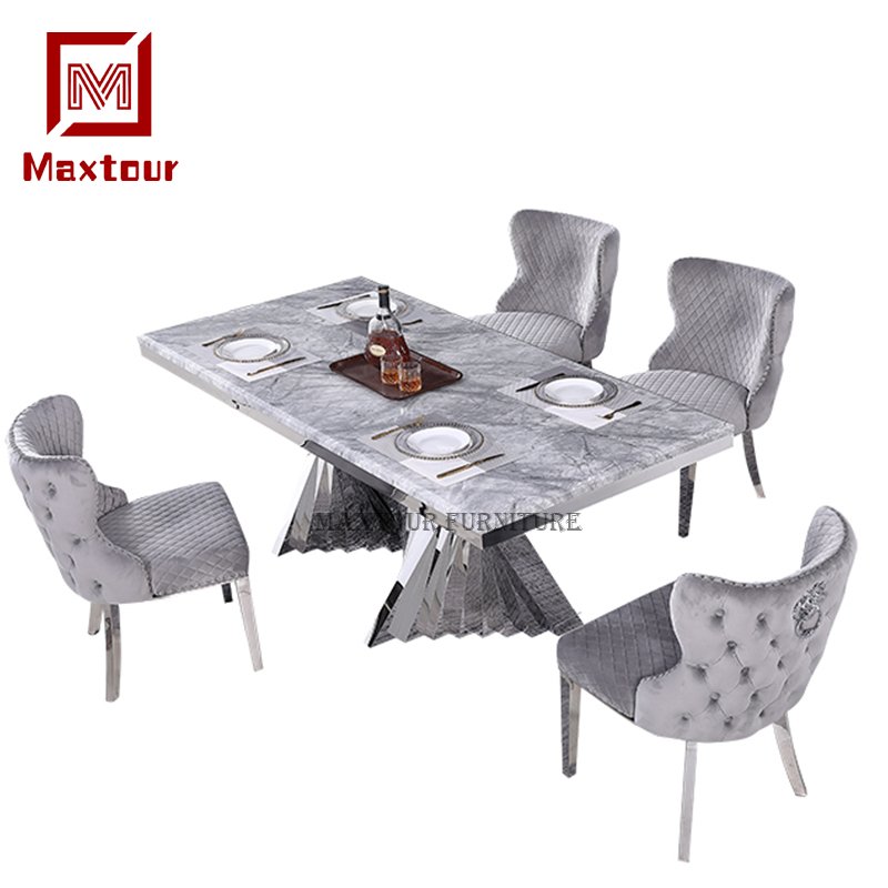 Silver Stainless Steel and Marble Top Dining Table Set Home Furniture Essential for Dining Tables Genre