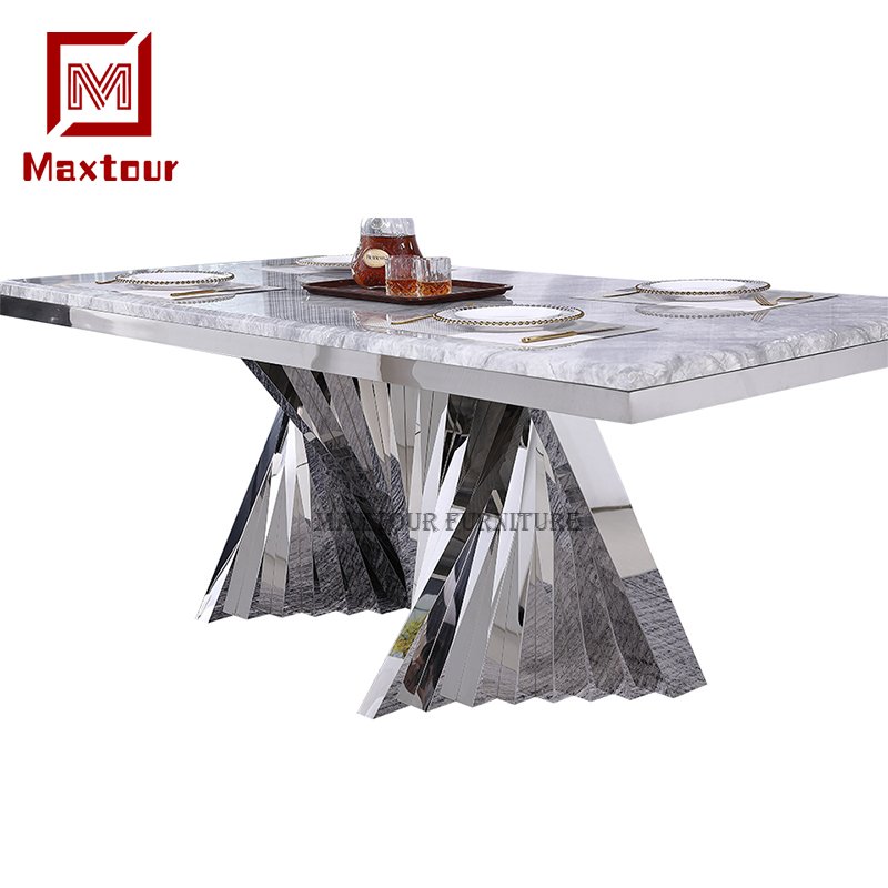 Silver Stainless Steel and Marble Top Dining Table Set Home Furniture Essential for Dining Tables Genre