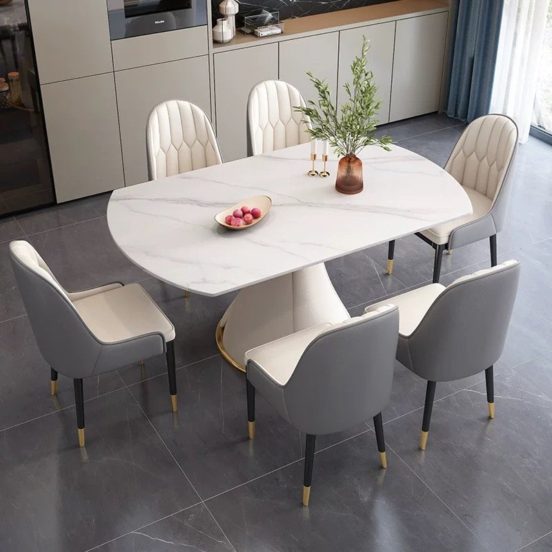 Italian Light Luxury Furniture Dinning Table Set For 6 Rock Plate Table Top Carbon Steel Frame Extendable Folding Dining Table