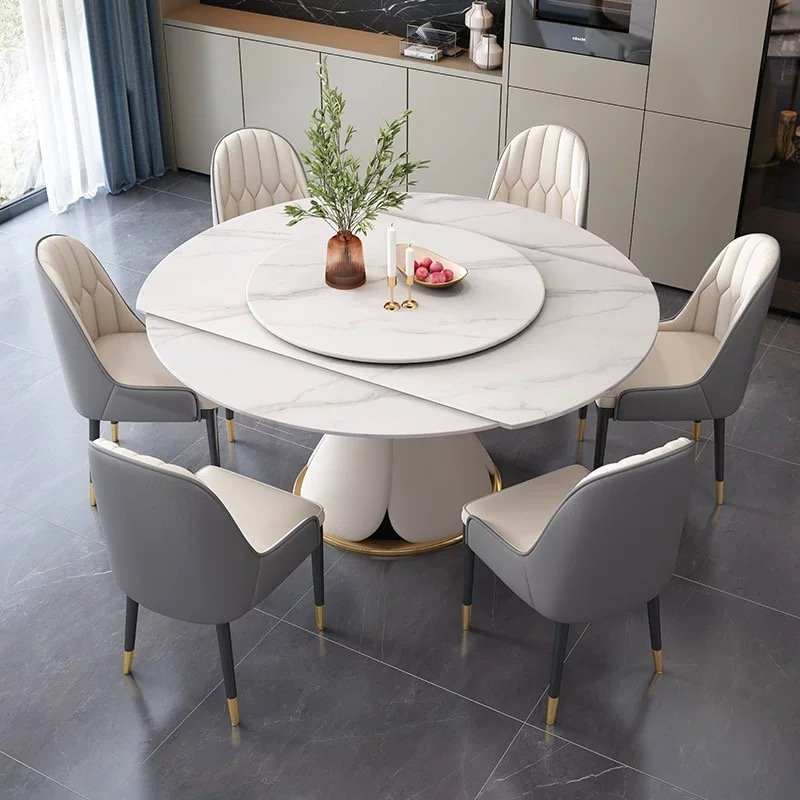 Italian Light Luxury Furniture Dinning Table Set For 6 Rock Plate Table Top Carbon Steel Frame Extendable Folding Dining Table