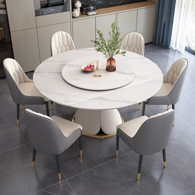 Italian Light Luxury Furniture Dinning Table Set For 6 Rock Plate Table Top Carbon Steel Frame Extendable Folding Dining Table