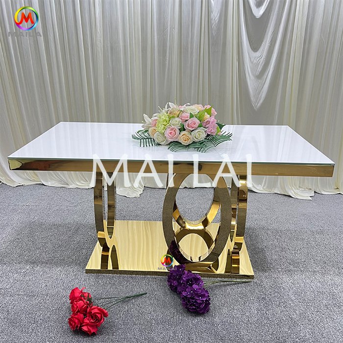 Rectangle Tempered White Glass Event Decor Luxury Golden Stainless Steel Wedding Tables