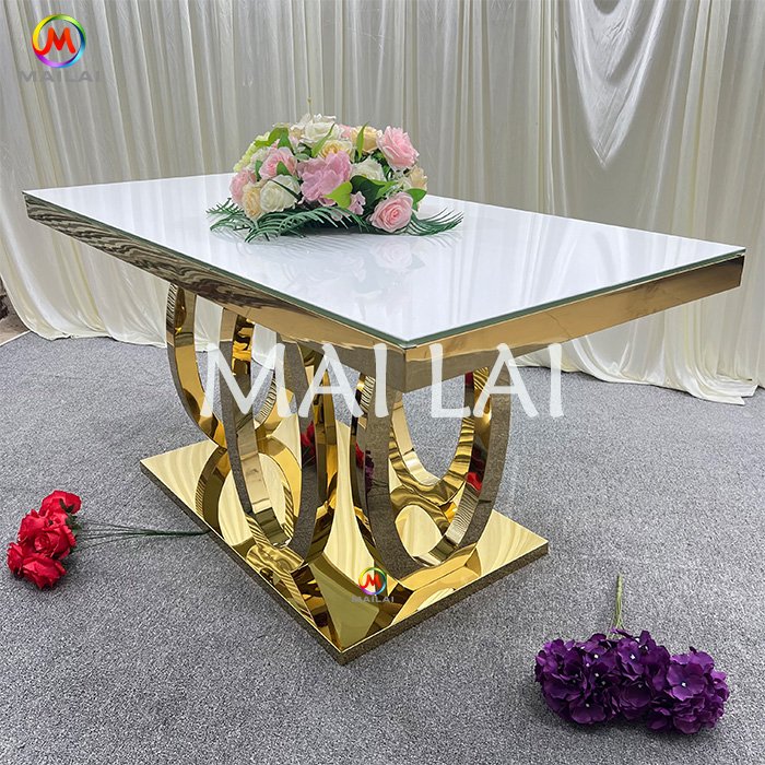 Rectangle Tempered White Glass Event Decor Luxury Golden Stainless Steel Wedding Tables