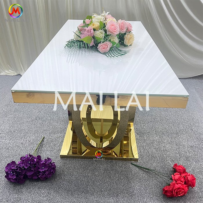 Rectangle Tempered White Glass Event Decor Luxury Golden Stainless Steel Wedding Tables