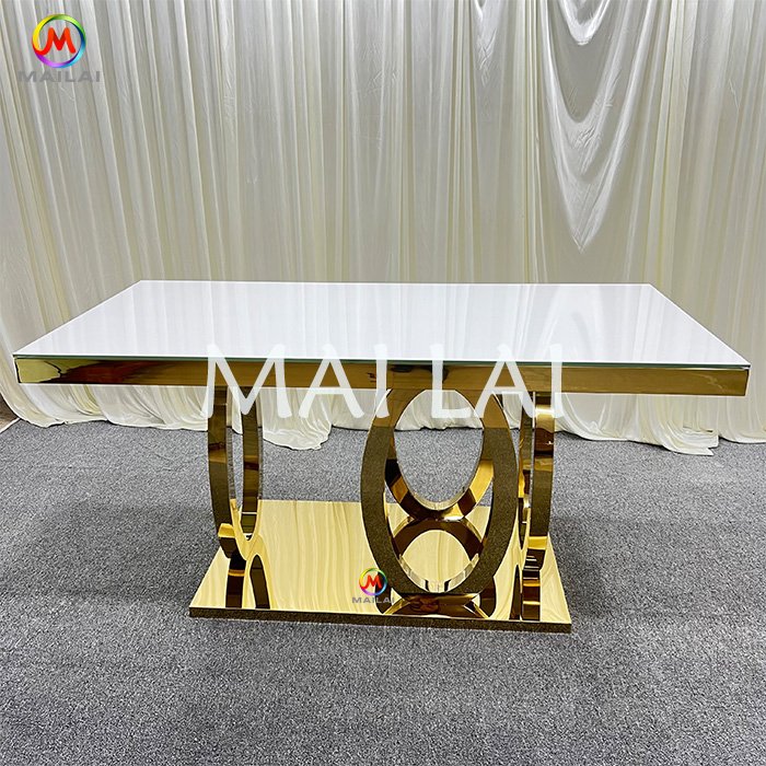 Rectangle Tempered White Glass Event Decor Luxury Golden Stainless Steel Wedding Tables