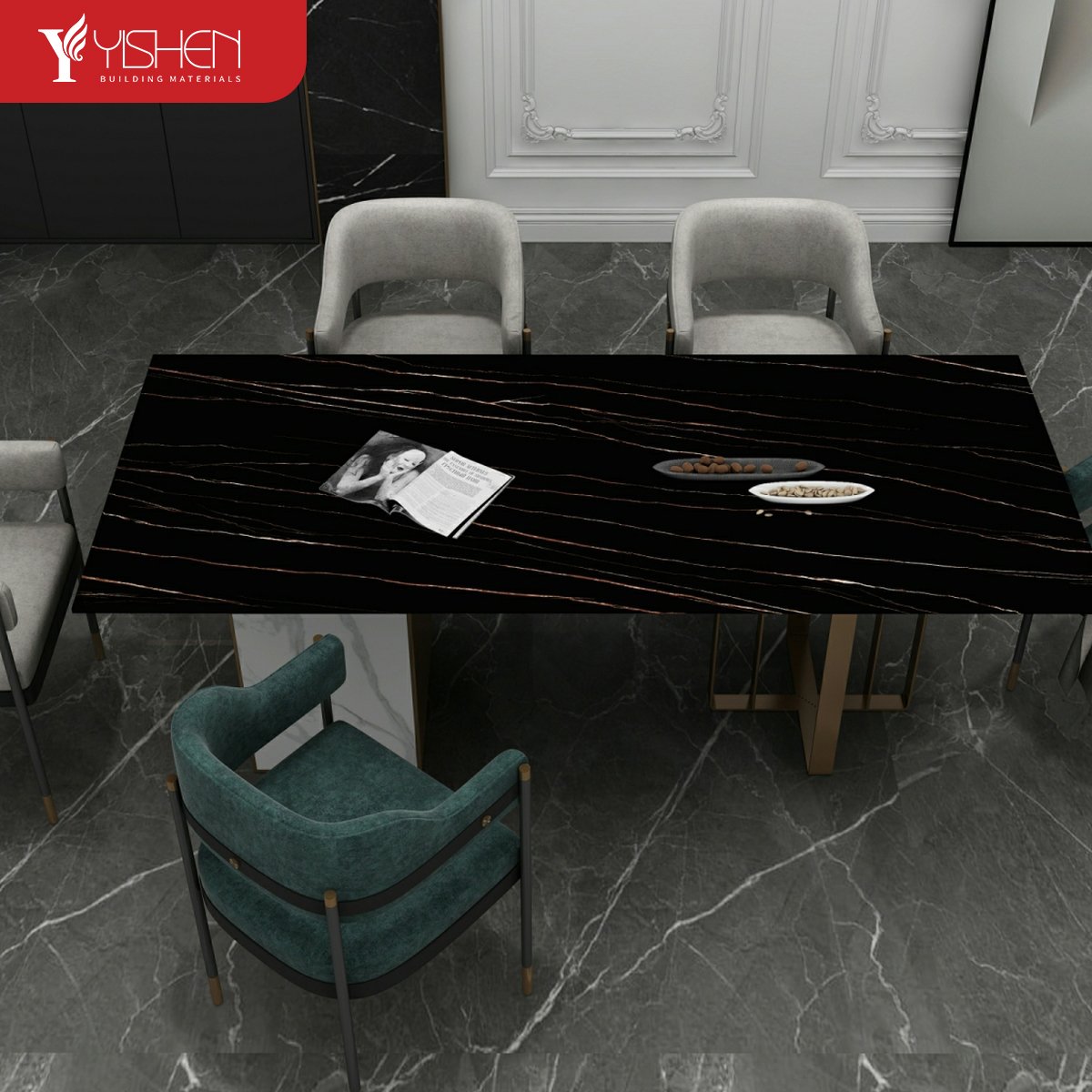 Free Design Sintered Stone Top Dining Table Set For Home Furniture Luxury Villa Glossy Rectangular Extendable Dinning Table