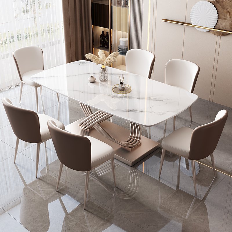 contemporary Luxury Rectangular Marble Top Dining Table chair set 4 6 seater metal rose gold furniture beautiful designs 2024