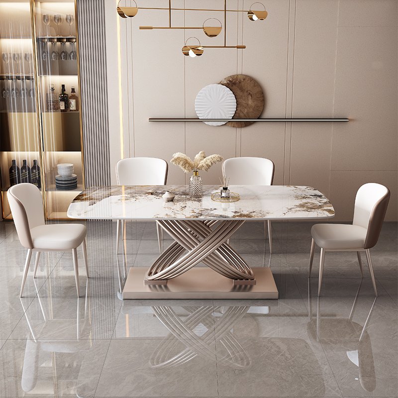 contemporary Luxury Rectangular Marble Top Dining Table chair set 4 6 seater metal rose gold furniture beautiful designs 2024