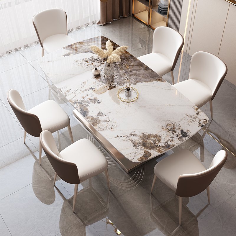 contemporary Luxury Rectangular Marble Top Dining Table chair set 4 6 seater metal rose gold furniture beautiful designs 2024