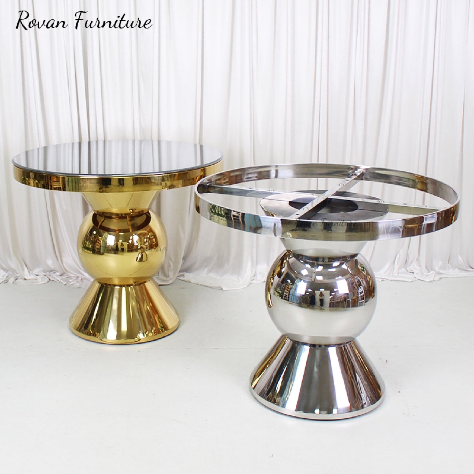 Latest design gold stainless steel wedding table decoration round cake tables for events party used