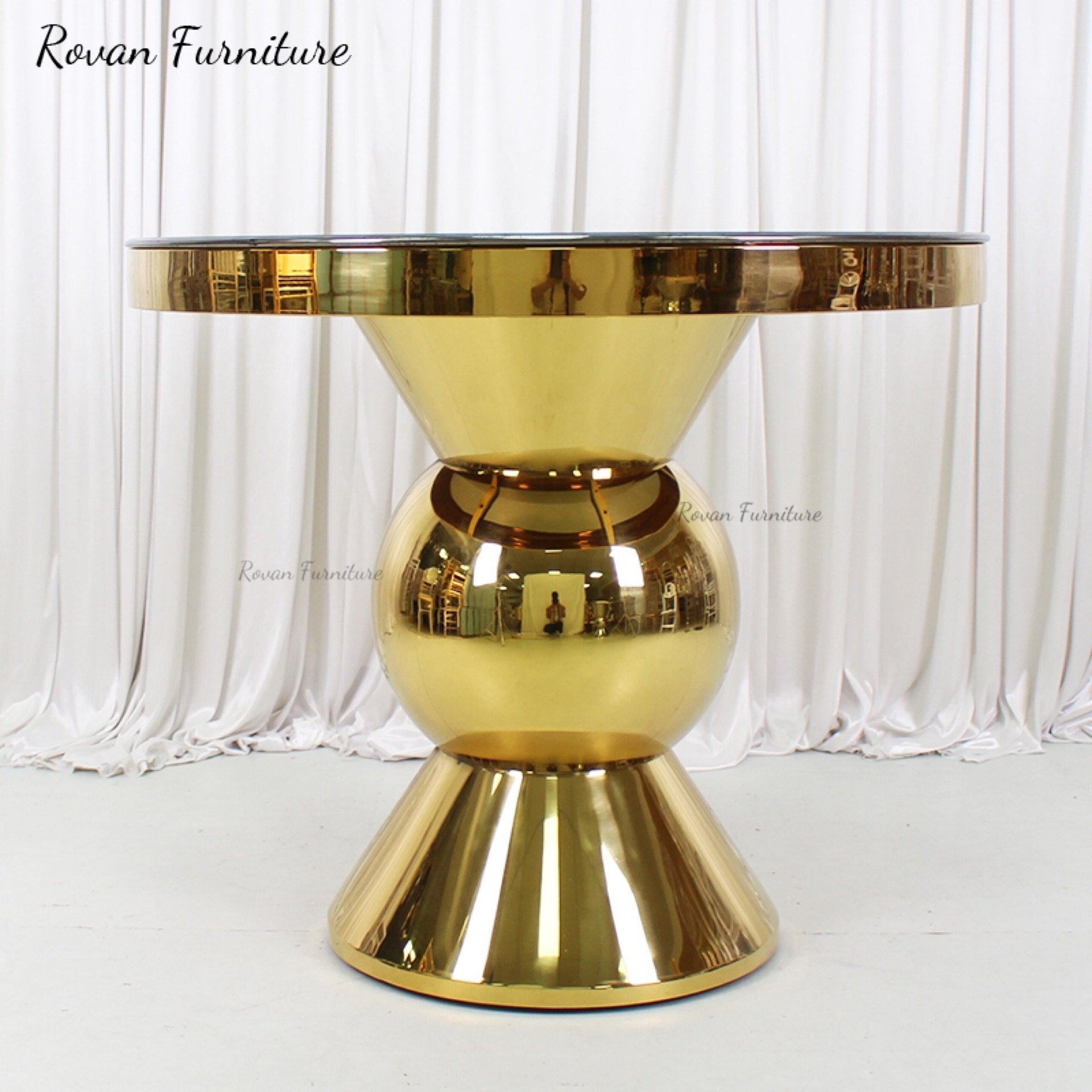 Latest design gold stainless steel wedding table decoration round cake tables for events party used