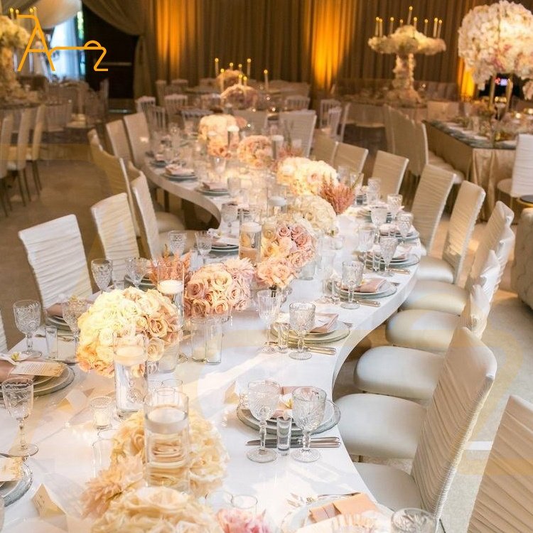 2023 latest half moon european style design serpentine shape wedding table wood dining tables for banquet event