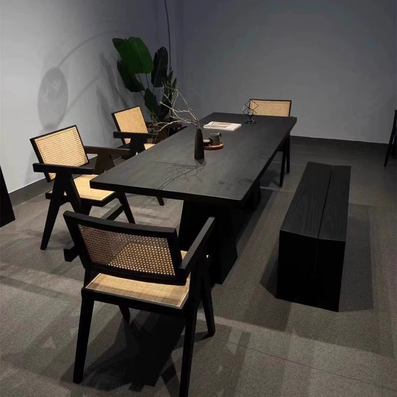 Simple black dining room furniture wabi sabi style creative solid wood dining tablerecycled pine dining table and chairs