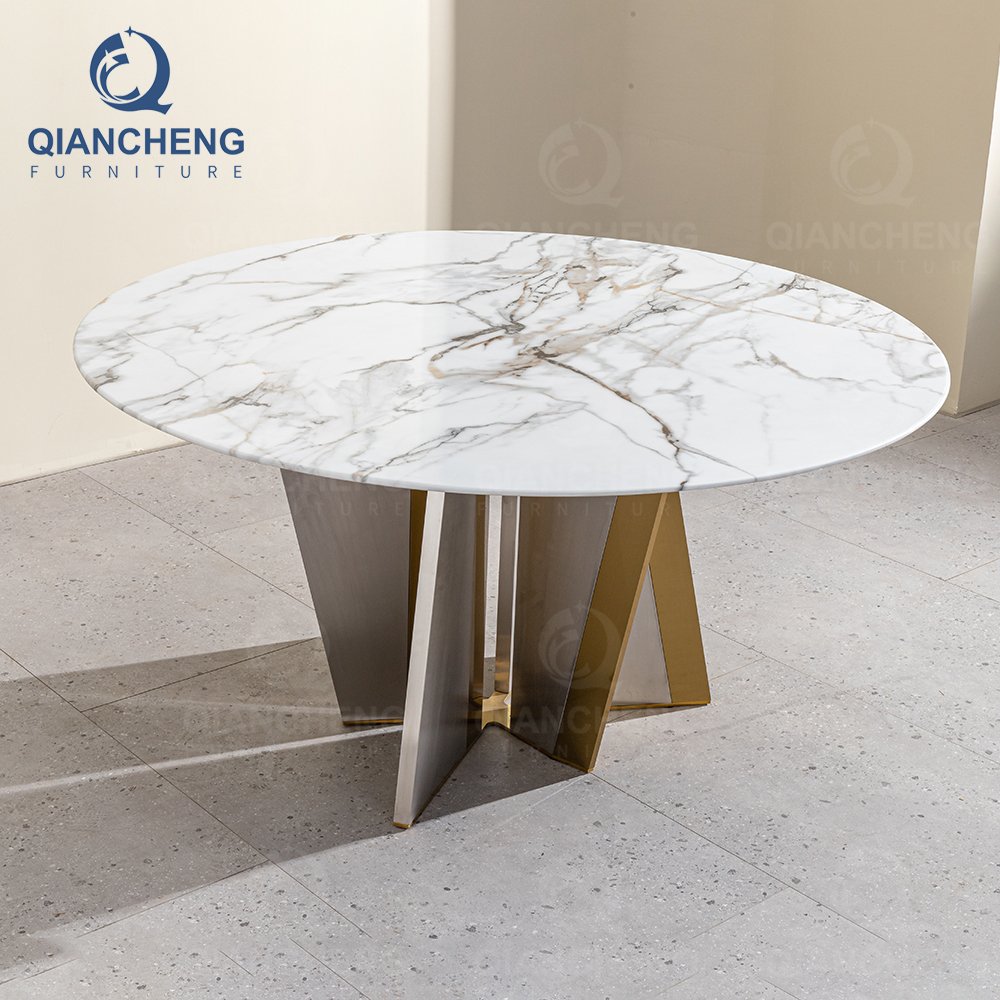 Guangzhou SS steel furniture 4 seater dining table 120cm marble with 6 chairs stainless steel glossy dining table set