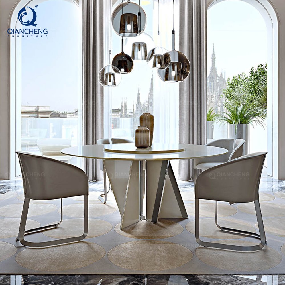 Guangzhou SS steel furniture 4 seater dining table 120cm marble with 6 chairs stainless steel glossy dining table set