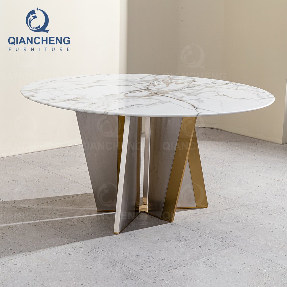 Guangzhou SS steel furniture 4 seater dining table 120cm marble with 6 chairs stainless steel glossy dining table set