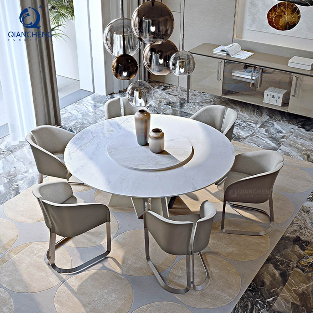 Guangzhou SS steel furniture 4 seater dining table 120cm marble with 6 chairs stainless steel glossy dining table set