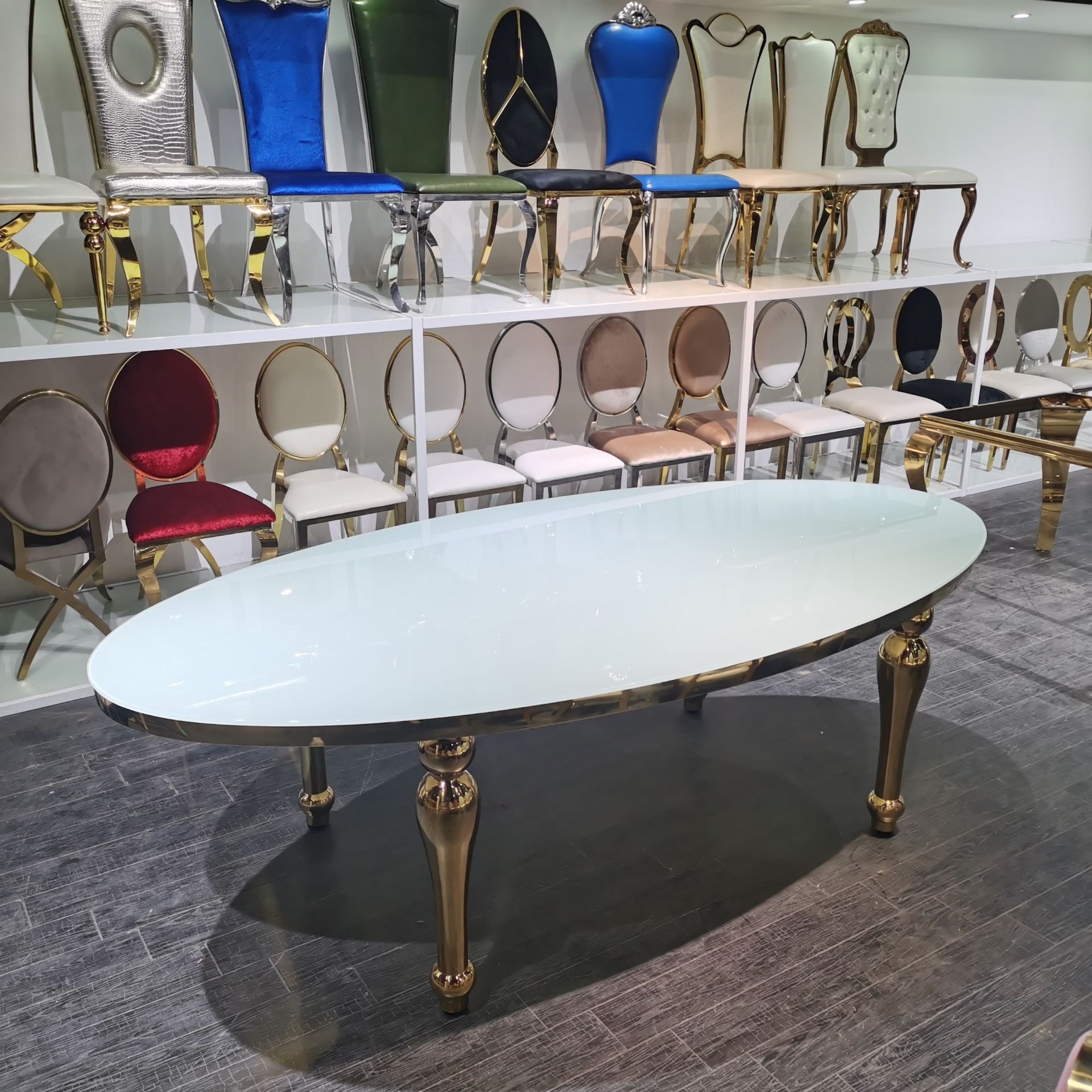Luxury new product events stainless steel with glass top oval shape banquet dining table for wedding event