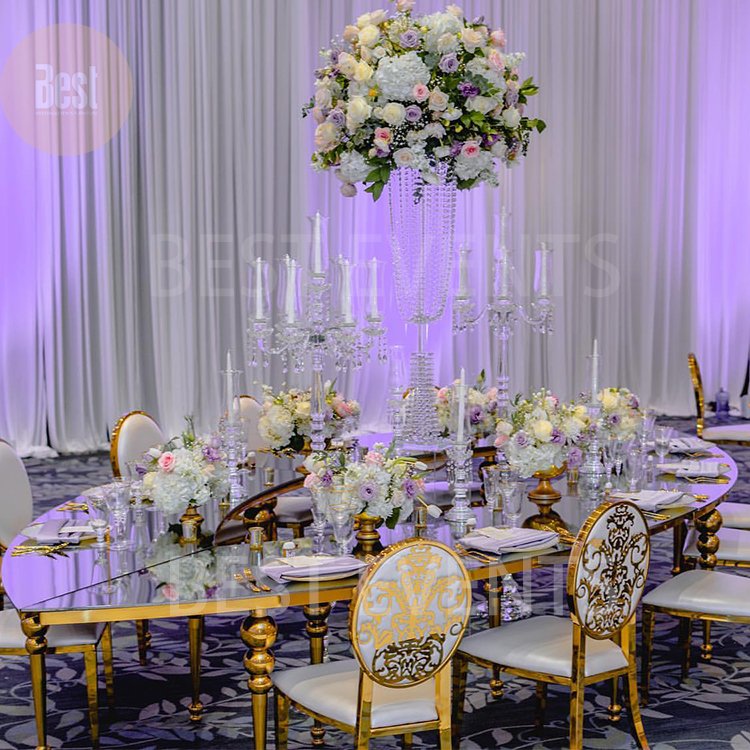 Newest Design Mirror Glass Top Half Moon Oval Shape Dining Table For Wedding