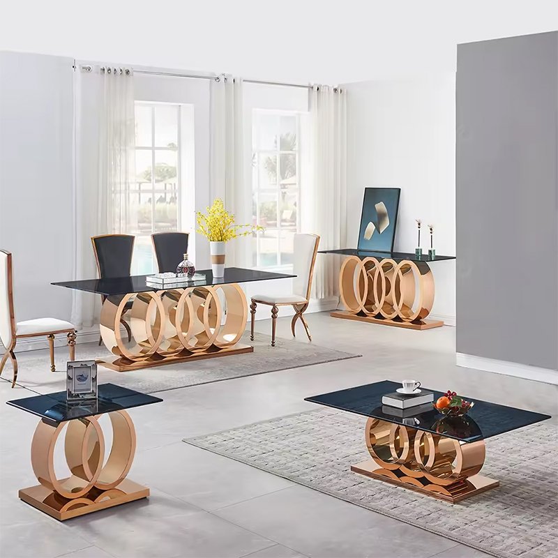 Good Quality Glass Top Banquet Dining Table and Chairs Set Modern Black 6 Seats Solid for Dining Room Set