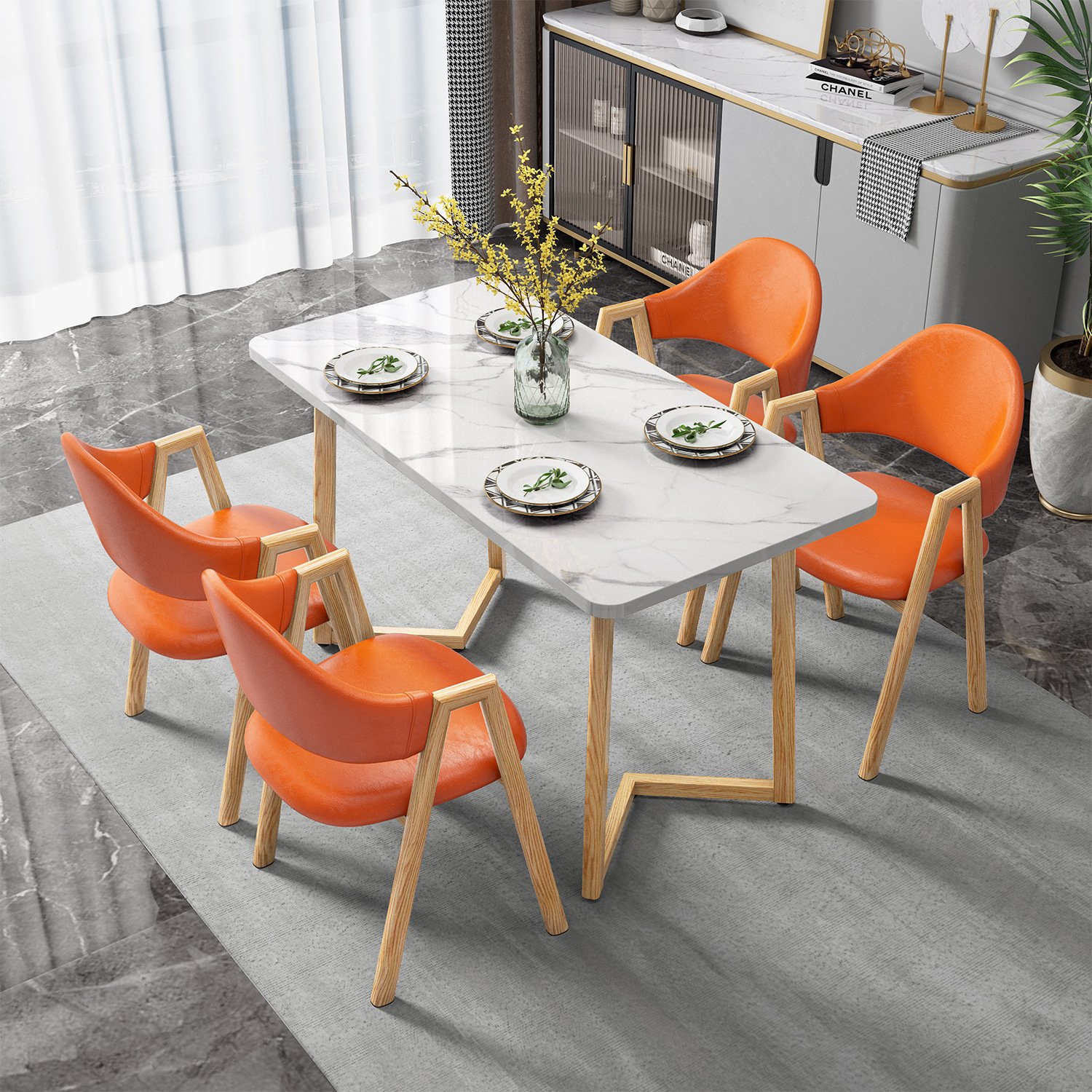 Simple Nordic Marble Top Reception Cafe Restaurant Dining Table and Leather Dining Chairs Set Luxury Dining Table Set 4 Chairs