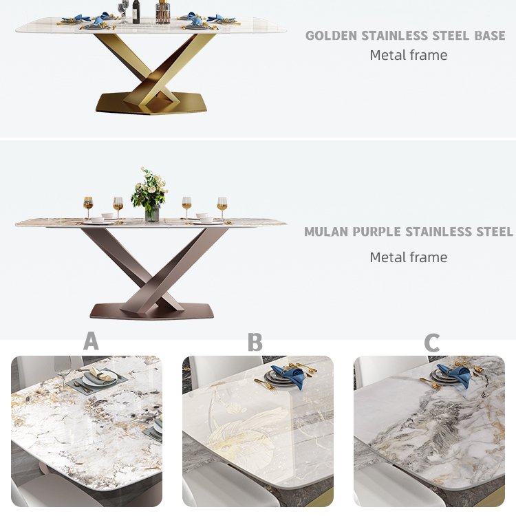 HJ HOME Modern Luxury golden stainless steel dining table with marble top 6 seater for dining room furniture