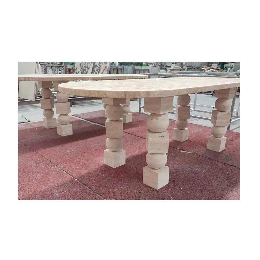 Modern Natural Stone Furniture Beige Travertine Fluted Coffee Table Dining Room Oval Square Round Table