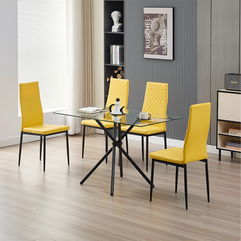 Modern Rectangle Clear Tempered Glass Dining Table and Chairs Set with Powder-Coated Steel Black Frame Legs