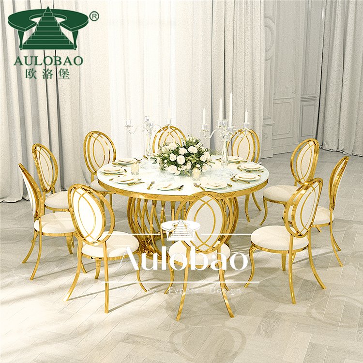 Round stainless steel 8 seater tempered glass top dining table with gold
