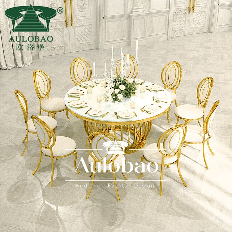 Round stainless steel 8 seater tempered glass top dining table with gold