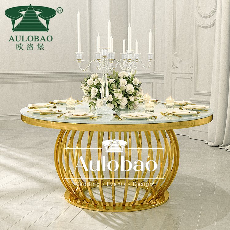 Round stainless steel 8 seater tempered glass top dining table with gold