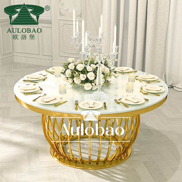 Round stainless steel 8 seater tempered glass top dining table with gold