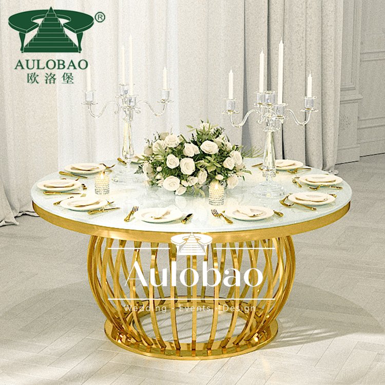 Round stainless steel 8 seater tempered glass top dining table with gold