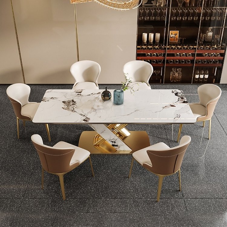 Luxury marble top stainless steel legs dining table with 6 seater modern home dining room furniture set
