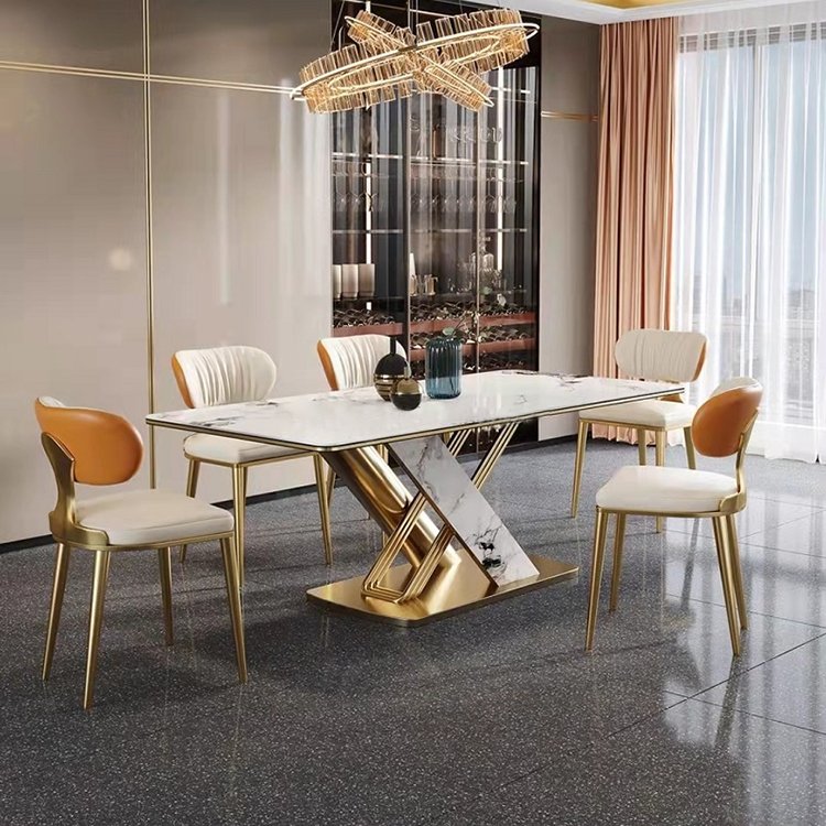 Luxury marble top stainless steel legs dining table with 6 seater modern home dining room furniture set