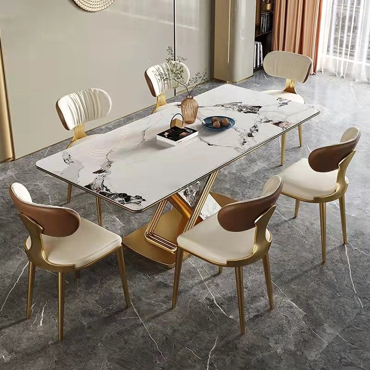 Luxury marble top stainless steel legs dining table with 6 seater modern home dining room furniture set