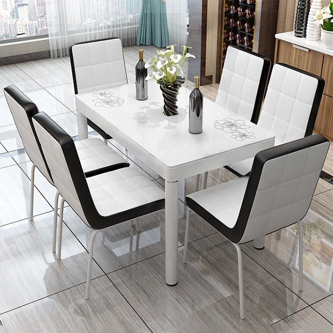 Modern luxury home living room furniture rectangular dining room restaurant kitchen glass dining table and chairs set 6 seater