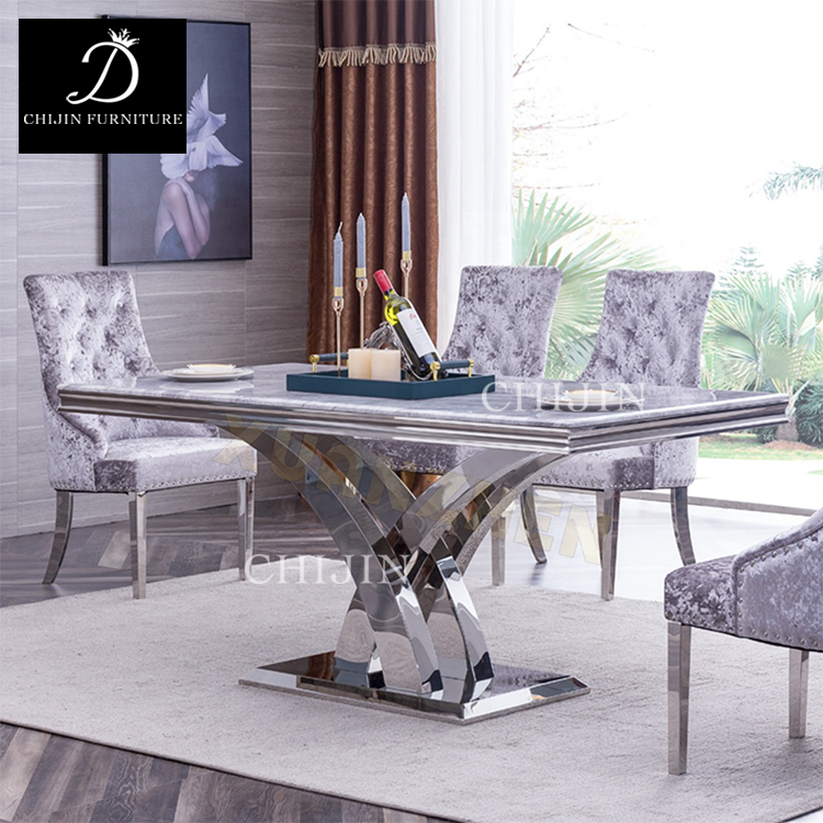 Modern Kitchen Table and Chairs,Luxury Dining Table Set Silver Stainless Steel Marble Table
